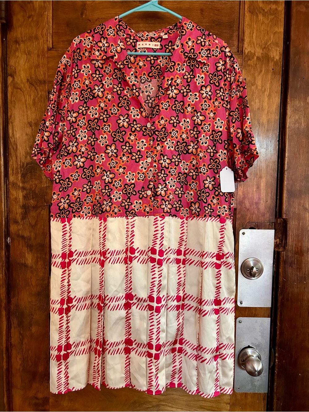 Marni x Uniqlo Pink Floral and Cream Plaid Mixed-Print Dress